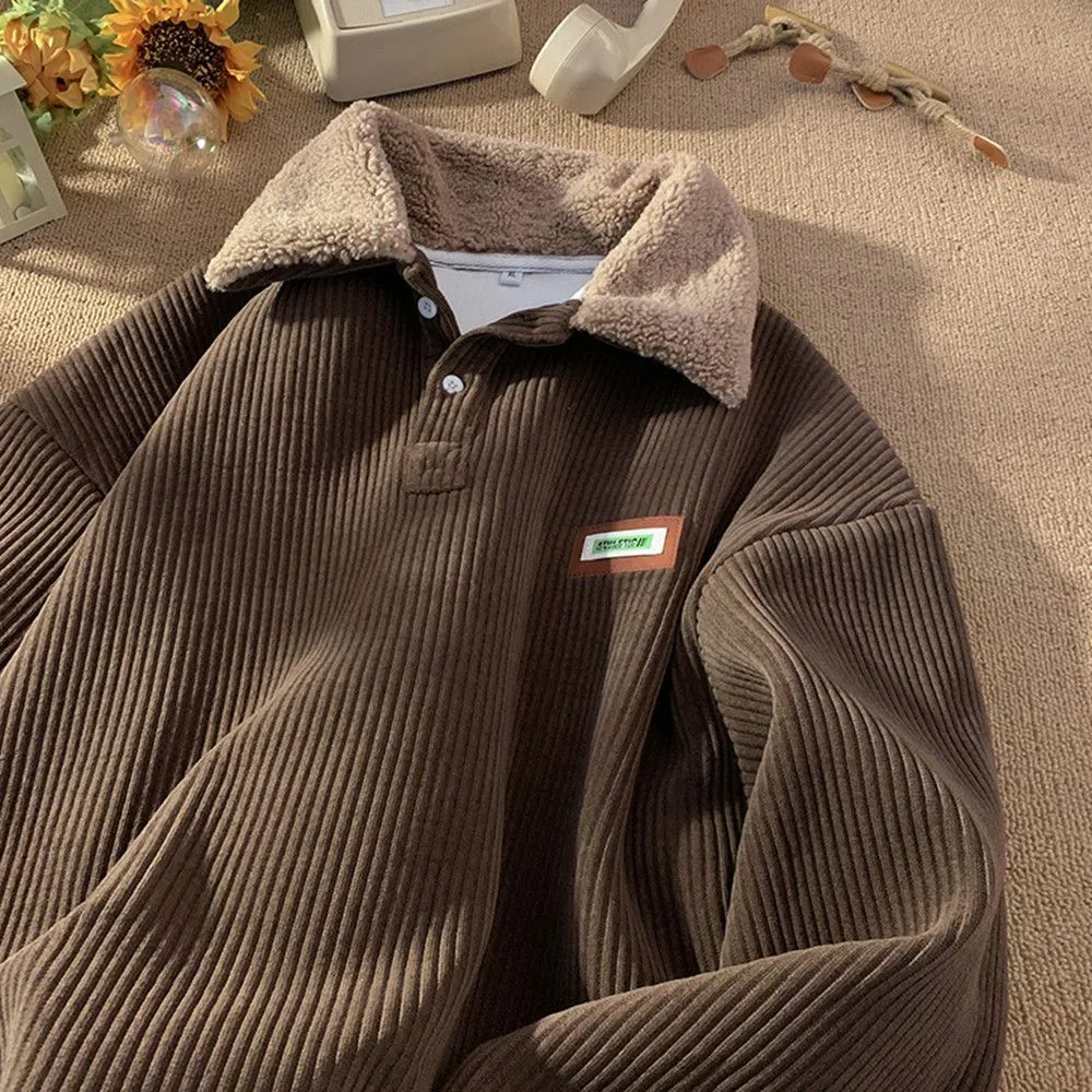 binfenxie-shop mens fall outfits Corduroy Polo Collar Sweater Autumn and Winter Fleece-lined Thickened Lamb Wool Coat Men's Winter Hong Kong Style Teenagers