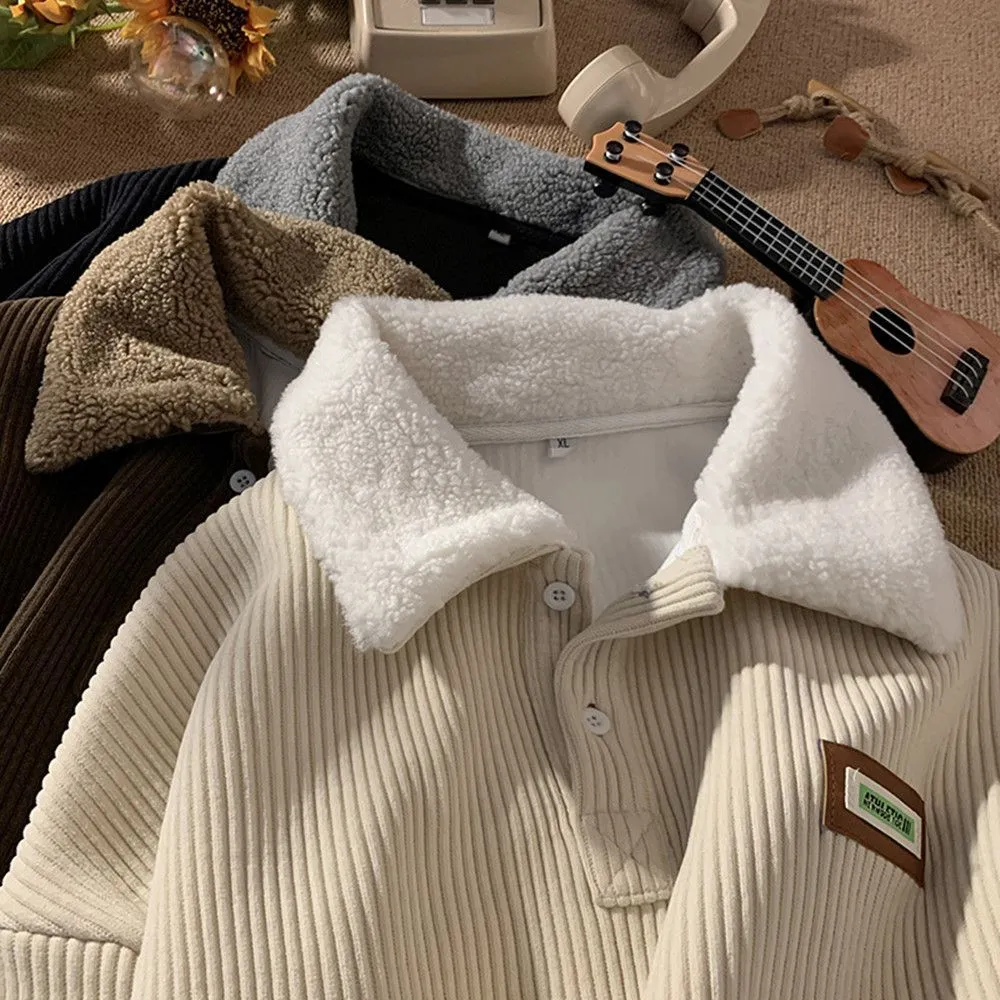 binfenxie-shop mens fall outfits Corduroy Polo Collar Sweater Autumn and Winter Fleece-lined Thickened Lamb Wool Coat Men's Winter Hong Kong Style Teenagers