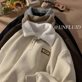 binfenxie-shop mens fall outfits Corduroy Polo Collar Sweater Autumn and Winter Fleece-lined Thickened Lamb Wool Coat Men's Winter Hong Kong Style Teenagers