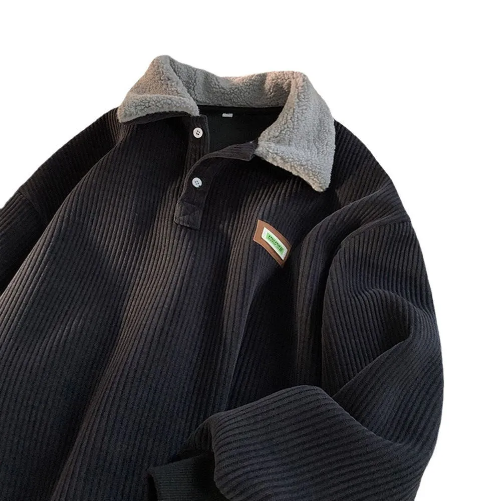 binfenxie-shop mens fall outfits Corduroy Polo Collar Sweater Autumn and Winter Fleece-lined Thickened Lamb Wool Coat Men's Winter Hong Kong Style Teenagers