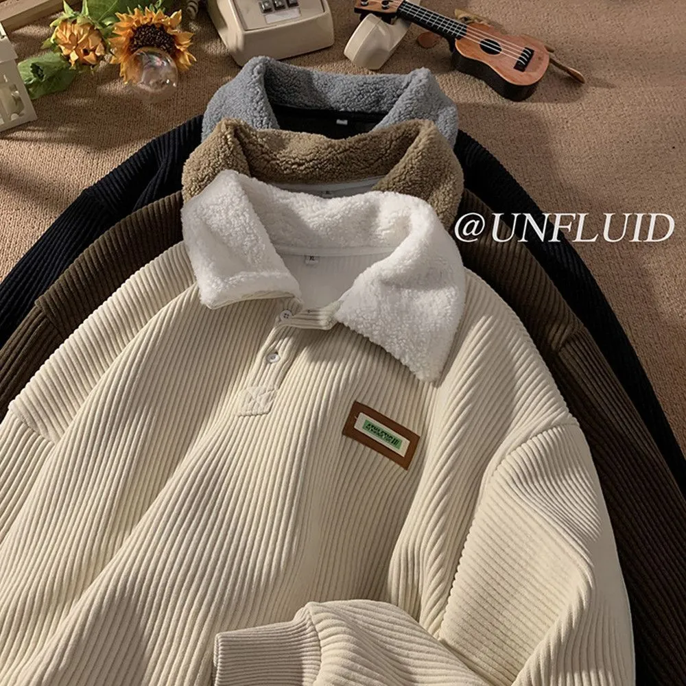 binfenxie-shop mens fall outfits Corduroy Polo Collar Sweater Autumn and Winter Fleece-lined Thickened Lamb Wool Coat Men's Winter Hong Kong Style Teenagers