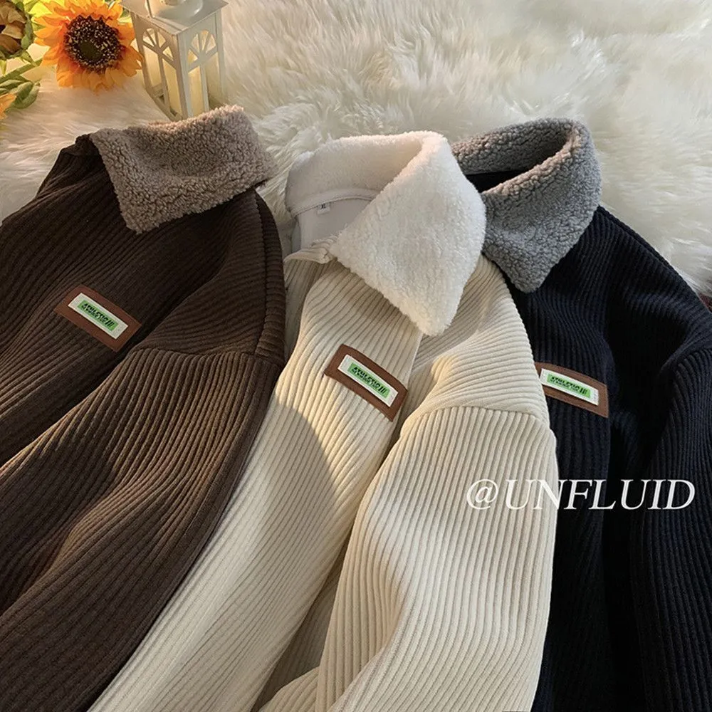 binfenxie-shop mens fall outfits Corduroy Polo Collar Sweater Autumn and Winter Fleece-lined Thickened Lamb Wool Coat Men's Winter Hong Kong Style Teenagers