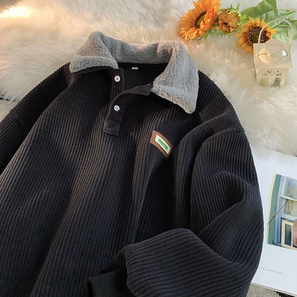 binfenxie-shop mens fall outfits Corduroy Polo Collar Sweater Autumn and Winter Fleece-lined Thickened Lamb Wool Coat Men's Winter Hong Kong Style Teenagers