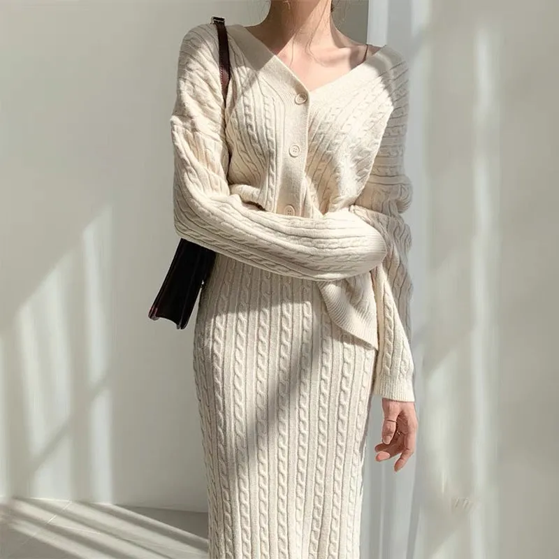 Cable Knit V-Neck Cardigan with Pencil Skirt Set