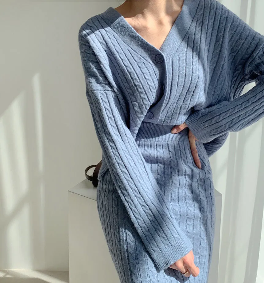 Cable Knit V-Neck Cardigan with Pencil Skirt Set