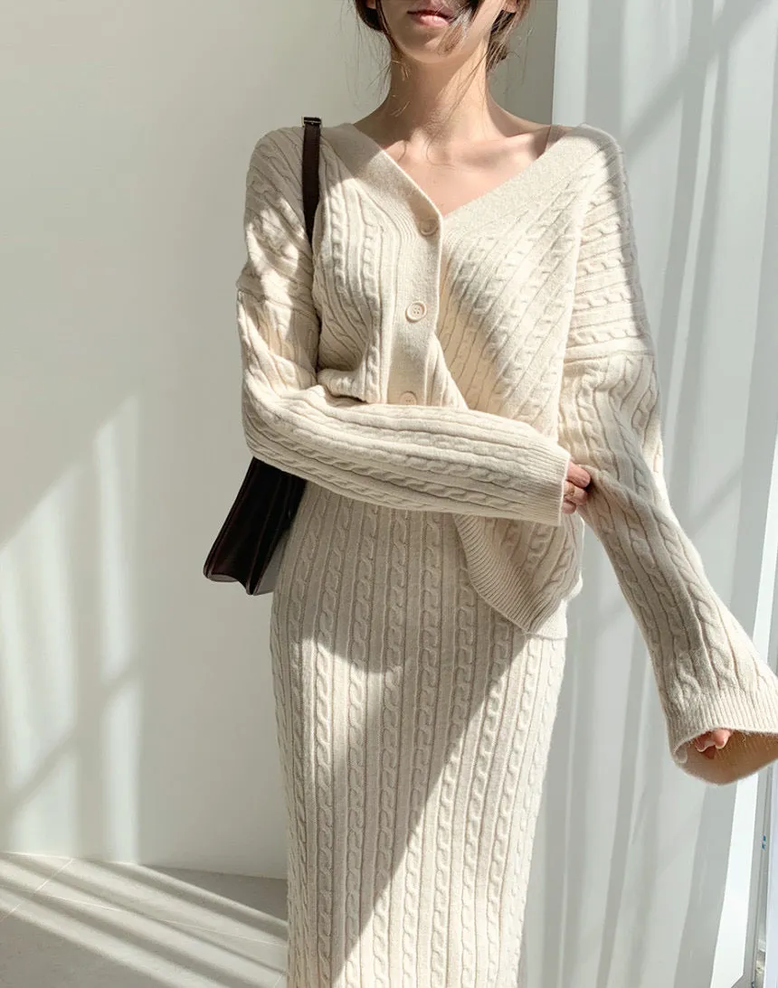 Cable Knit V-Neck Cardigan with Pencil Skirt Set
