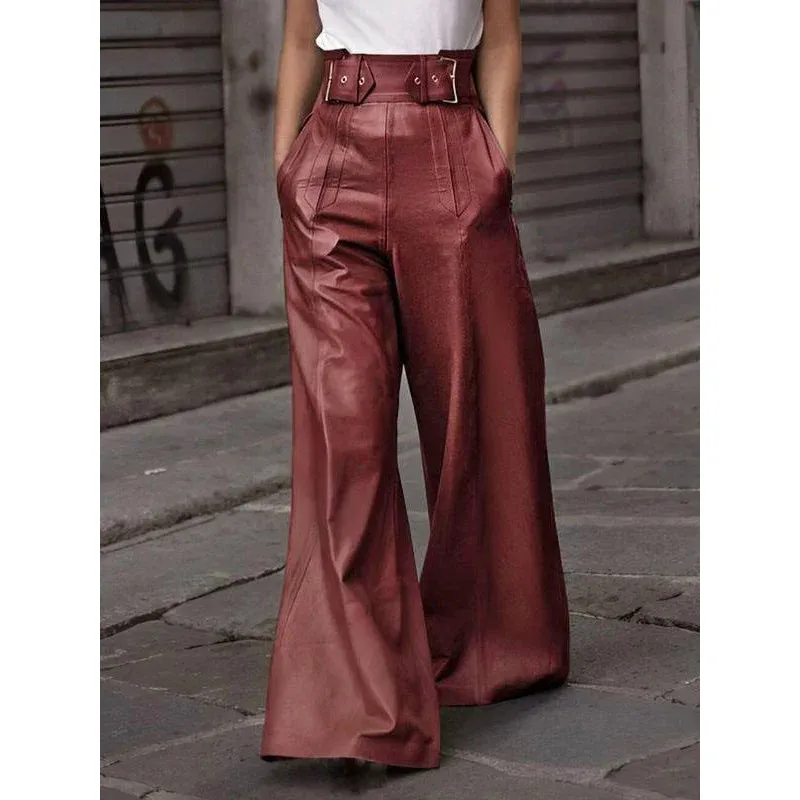 Women's Faux Leather Long High Waisted Loose Pleated Trousers