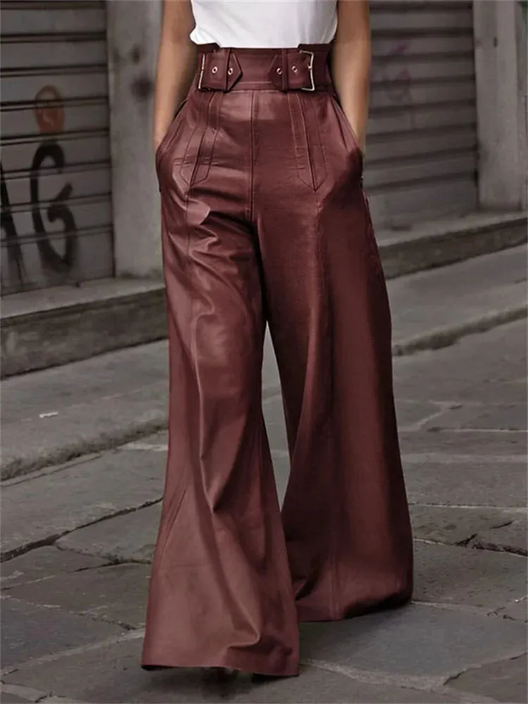 Women's Faux Leather Long High Waisted Loose Pleated Trousers