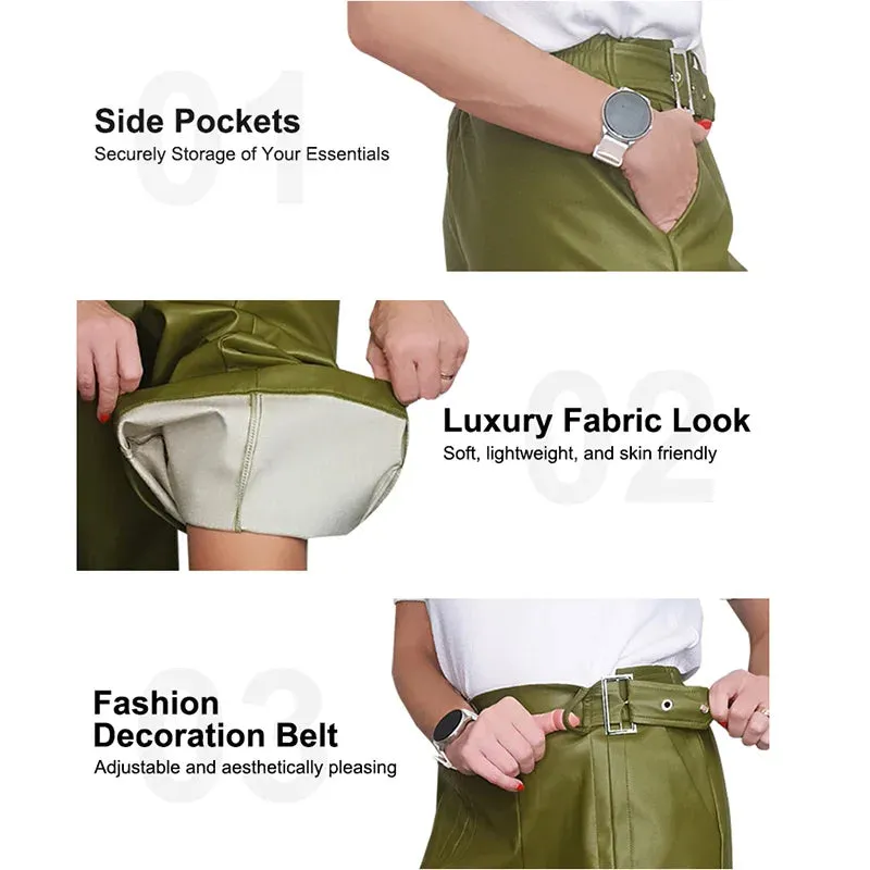 Women's Faux Leather Long High Waisted Loose Pleated Trousers