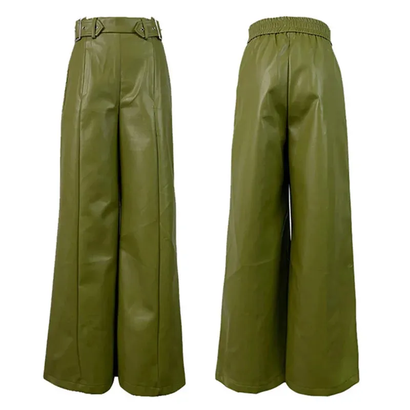 Women's Faux Leather Long High Waisted Loose Pleated Trousers